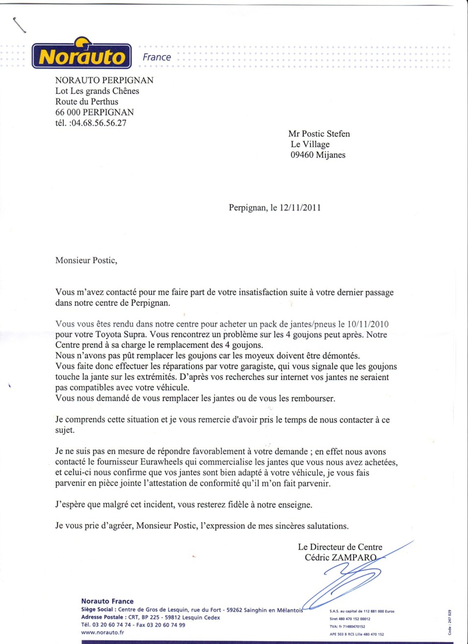 Réponse du centre NORAUTO PERPIGNAN